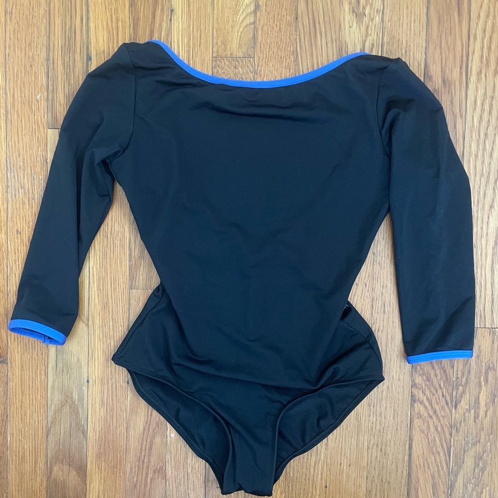 Maria High Neck Black Leotard with Blue Trim (M)